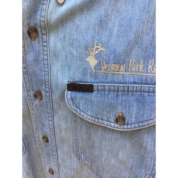 Woolrich Mens Denim Button-Up Shirt With Logo Embroidered On Chest & Beige Colla - Picture 4 of 9